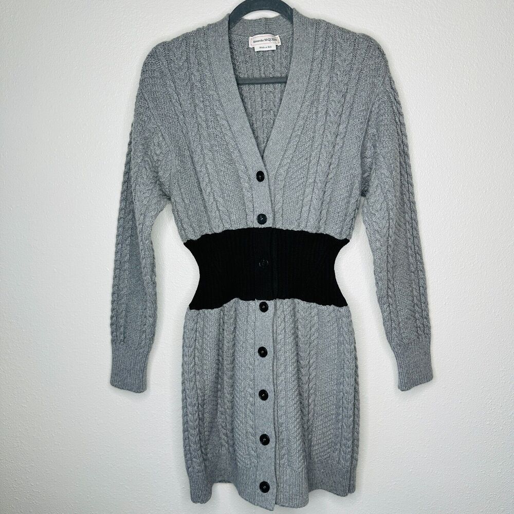Alexander McQueen Knit Gray Cinch Waist Black Color Block V Neck Sweater Dress M